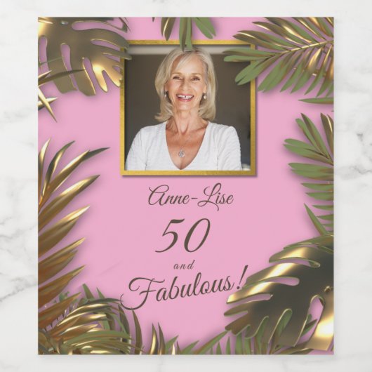 Elegantes Gold Pink Foto 50 Fantastischer Geburtst Weinetikett (Einzelnes Label)