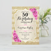 Elegantes Gold Pink Foto 50. Geburtstag Einladung (Stehend Vorderseite)