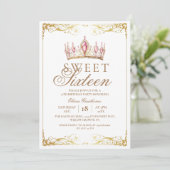 Elegantes Gold & Pink Sweet 16 Crown Birthday Foto Einladung (Stehend Vorderseite)