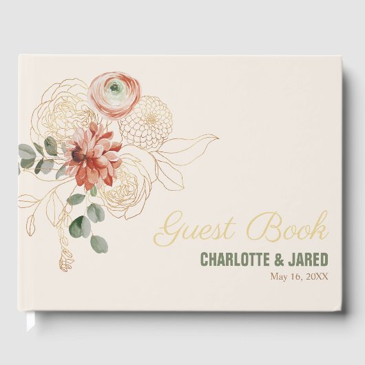 Elegantes Gold & Pink Watercolor Floral Gästebuch (Vorderseite)