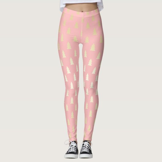 Elegantes Gold & Pink Weihnachtsbaummuster Leggings (Vorderseite)