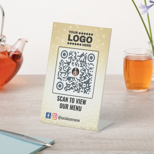 Elegantes Gold QR Code Menü Signierung: Kein Konta Sockelschild (In SItu)