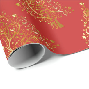 Elegantes Gold & Red Christmas Tree Muster Geschenkpapier