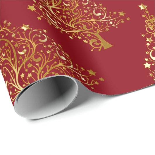 Elegantes Gold & Red Christmas Tree Muster Geschenkpapier (Rolleneckpunkt)