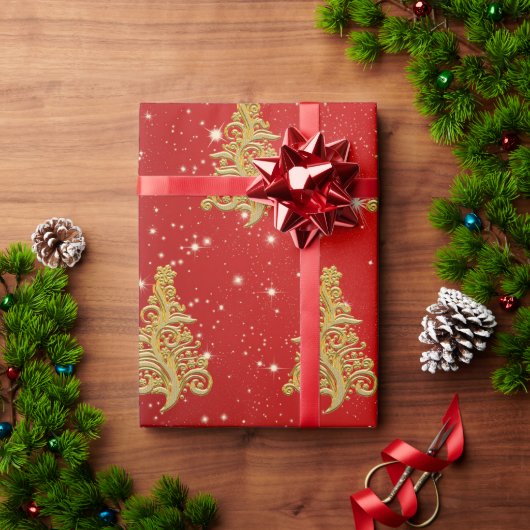 Elegantes Gold & Red Christmas Tree Muster Geschenkpapier (Feiertagsgeschenk)