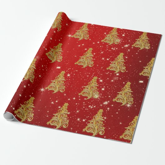 Elegantes Gold & Red Christmas Tree Muster Geschenkpapier (Ungerollt)