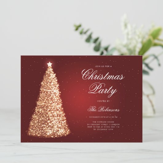 Elegantes Gold Red Christmas Tree Program Menü Einladung (Stehend Vorderseite)