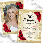 Elegantes Gold Red Foto 50. Geburtstag Einladung<br><div class="desc">Elegante florale feminine 50. Geburtstagseinladung mit Ihrem Foto auf der Kartenrückseite. Glam-Design mit Imitaten Glitzer Gold. Verfügt über goldene Streifen, rote Rosen, Skript-Schriftart und Konfetti. Ideal für ein stilvolles Party für Erwachsene. Personalisieren Sie Ihre persönlichen Daten. Kann für jedes Alter angepasst werden! Gedruckte Zazzle Einladungen oder Sofortdownload digitalen druckbaren Vorlage....</div>