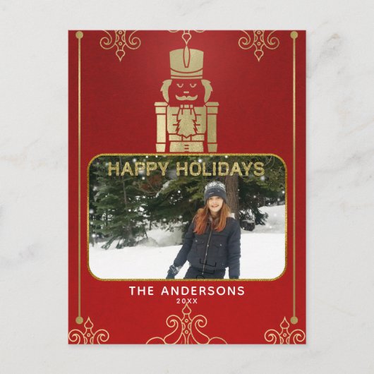 Elegantes Gold & Red Nutcracker Foto Feiertagspostkarte (Vorderseite)