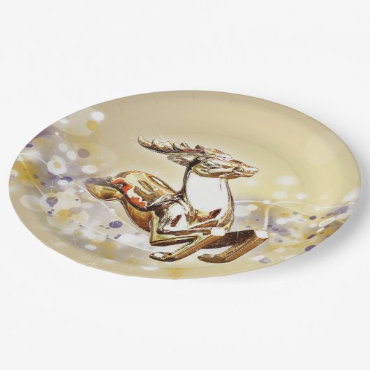 Elegantes Gold Rentier Weihnachten Pappteller (Schrägansicht)