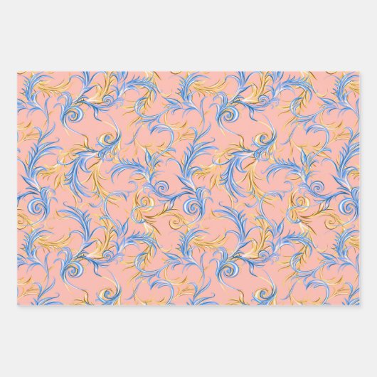 Elegantes Gold Rosa Blau Arabesque Muster Swirl Geschenkpapier Set (Vorderseite 2)