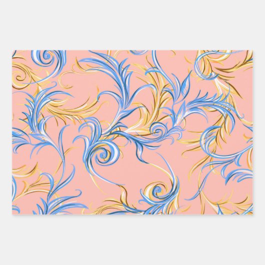 Elegantes Gold Rosa Blau Arabesque Muster Swirl Geschenkpapier Set (Vorderseite)