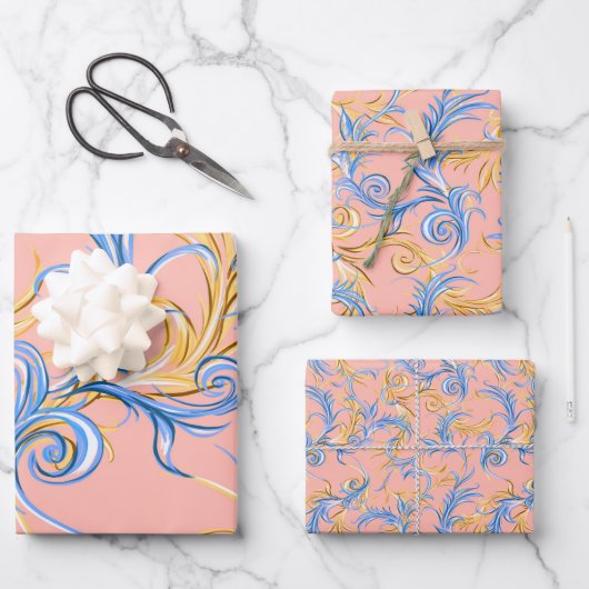 Elegantes Gold Rosa Blau Arabesque Muster Swirl Geschenkpapier Set (Vorderseite)