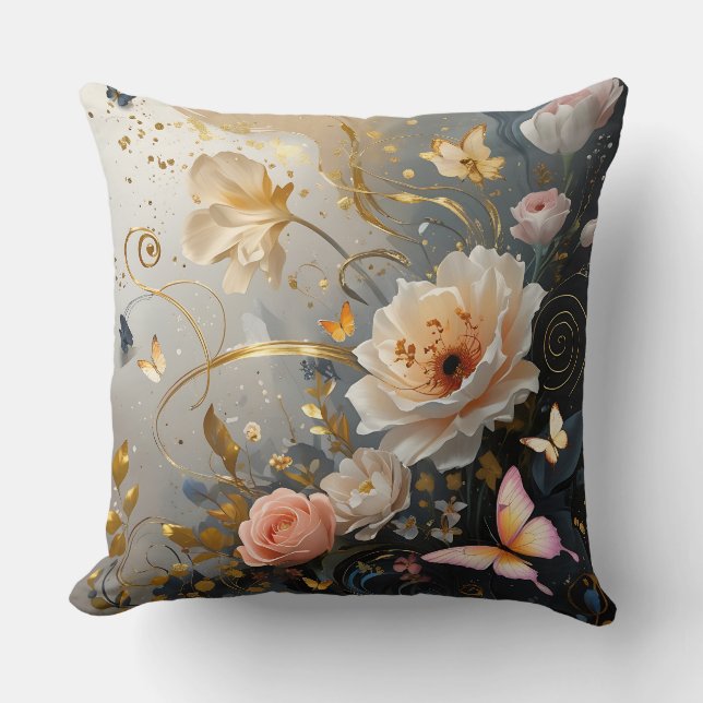 Elegantes Gold, Rosa mit Blume werfen Kissen (Vorderseite)