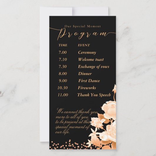 Elegantes Gold Rose Black Wedding Programm (Vorderseite)