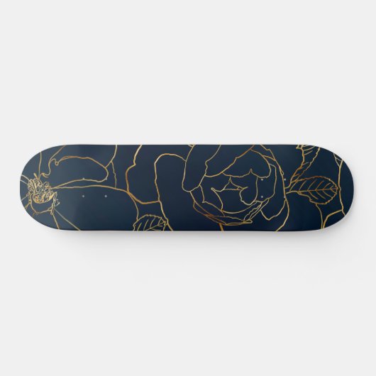 Elegantes Gold Rose Blumenmuster Zeichnend blaues Skateboard (Horizontal)