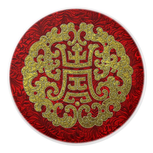 Elegantes Gold-Rot-Chinesisch-Symbol Keramikknauf (Vorderseite)
