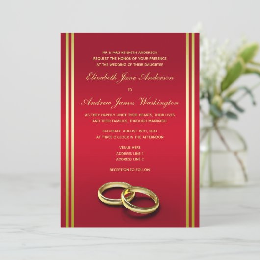 Elegantes Gold & Rot, Hochzeiten Einladung (Stehend Vorderseite)