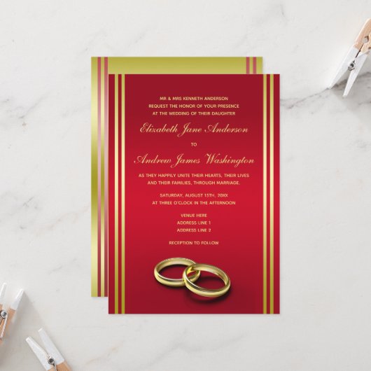 Elegantes Gold & Rot, Hochzeiten Einladung (Vorderseite/Rückseite Beispiel)