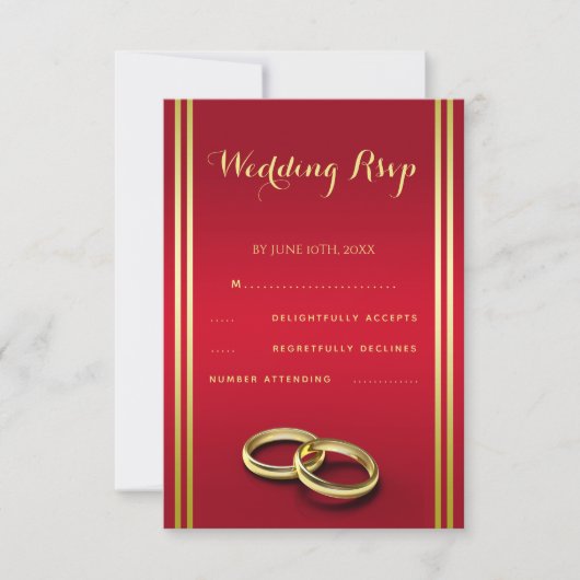 Elegantes Gold & Rot, Hochzeiten RSVP Karte (Vorderseite)