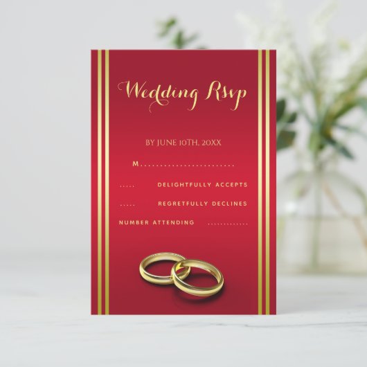 Elegantes Gold & Rot, Hochzeiten RSVP Karte (Stehend Vorderseite)