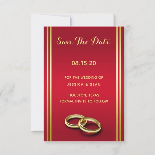 Elegantes Gold & Rot, Hochzeiten Save The Date (Vorderseite)