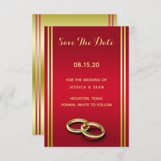 Elegantes Gold & Rot, Hochzeiten Save The Date (Vorne/Hinten)