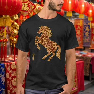 Elegantes Gold-Rot traditionelles florales Pferd T-Shirt