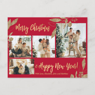 Elegantes Gold Rotes botanisches Foto Collage Weih Postkarte
