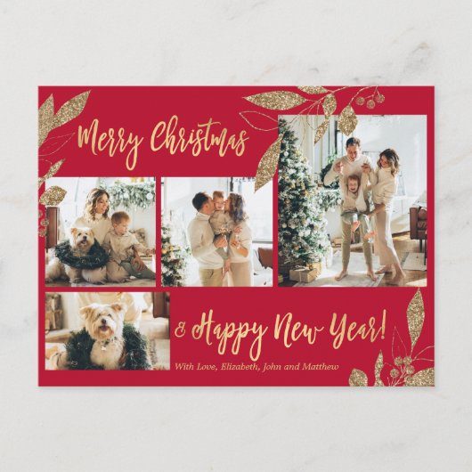 Elegantes Gold Rotes botanisches Foto Collage Weih Postkarte (Vorderseite)