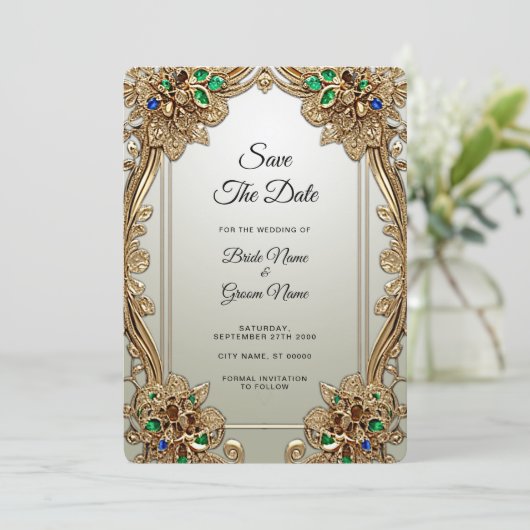 Elegantes Gold Save the Date Verziert (Stehend Vorderseite)