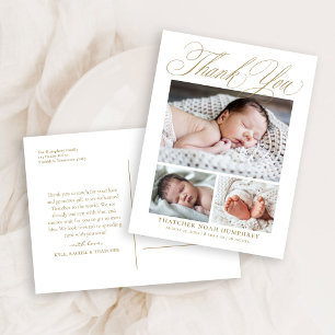 Elegantes Gold-Schrift-3-Foto-Baby-Dankeschön  Postkarte