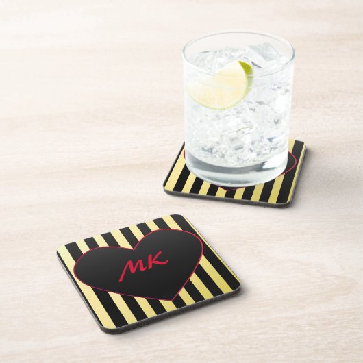 Elegantes Gold Schwarze Streifen Rotes Herz Mit Mo Getränkeuntersetzer (Rechte Seite)