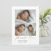 Elegantes Gold Script 3 Foto Baby Dankeskarte (Stehend Vorderseite)