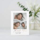 Elegantes Gold Script 3 Foto Baby Vielen Dank Postkarte (Stehend Vorderseite)