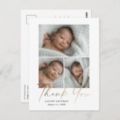 Elegantes Gold Script 3 Foto Baby Vielen Dank Postkarte (Vorne/Hinten)