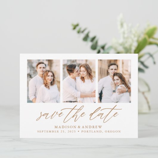 Elegantes Gold Script 3 Foto Collage Save The Date (Stehend Vorderseite)