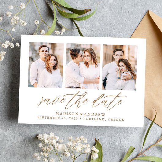 Elegantes Gold Script 3 Foto Collage Save The Date