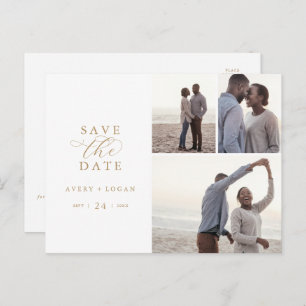 Elegantes Gold Script 3 Foto Collage Save the Date Einladungspostkarte