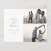 Elegantes Gold Script 3 Foto Collage Save the Date Einladungspostkarte (Vorderseite)