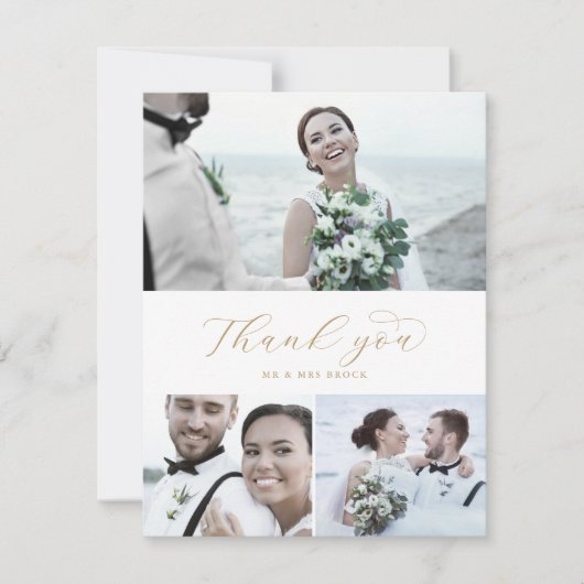 Elegantes Gold Script 3 Foto Collage Wedding Dankeskarte (Vorderseite)
