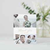 Elegantes Gold Script 3 Foto Collage Wedding Dankeskarte (Stehend Vorderseite)