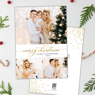 Elegantes Gold Script 3 Foto Collage Weihnachtskar Feiertagskarte