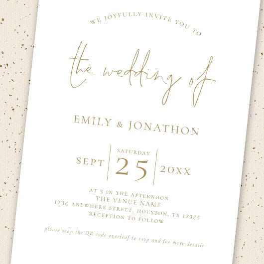 Elegantes Gold Script 3 Fotos QR Code Hochzeit Einladung