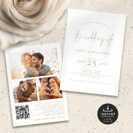 Elegantes Gold Script 3 Fotos QR Code Hochzeit Einladung