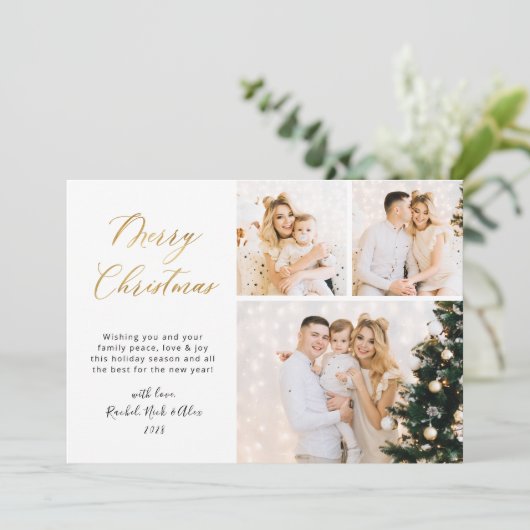 Elegantes Gold Script 3 Multi-Foto Weihnachten (Stehend Vorderseite)