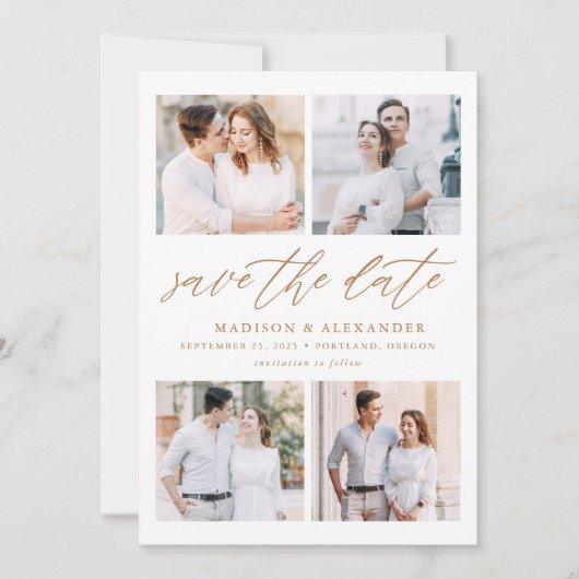 Elegantes Gold Script 4 Foto Collage Save The Date (Vorderseite)