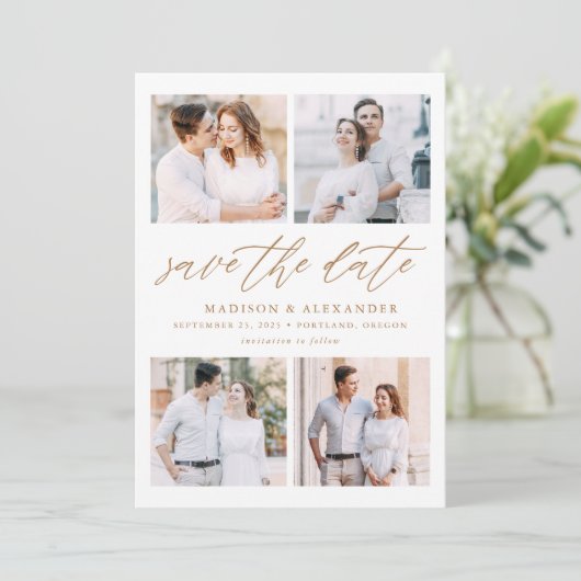 Elegantes Gold Script 4 Foto Collage Save The Date (Stehend Vorderseite)