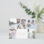 Elegantes Gold Script 4 Foto Collage Wedding Dankeskarte (Stehend Vorderseite)