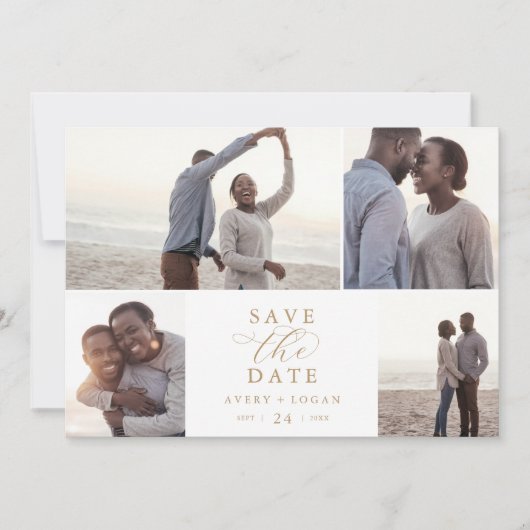 Elegantes Gold Script 4 FotoCollage Save the Date (Vorderseite)